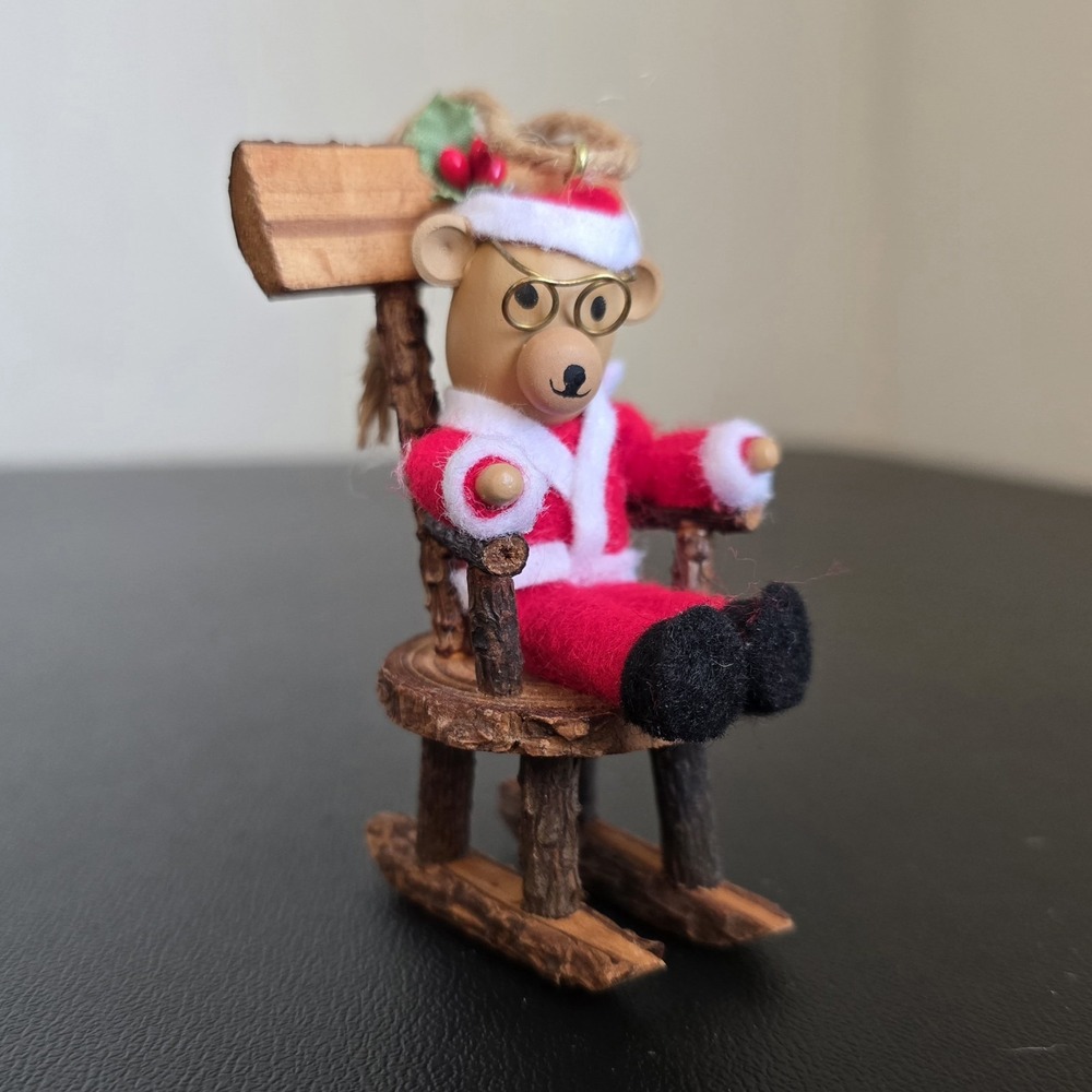 Vtg Wooden Teddy Bear Santa  on a Rocker‎ Christmas Ornament 3.5" Wood Chair